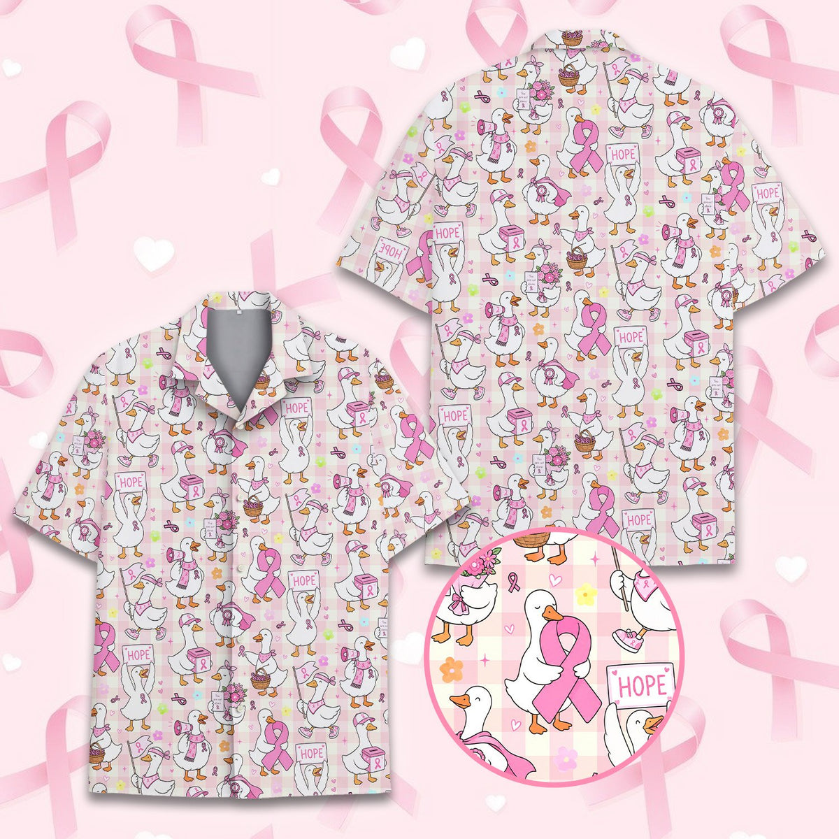 Breast cancer awareness hawaiian shirt with cartoon ducks on pink gingham, front view