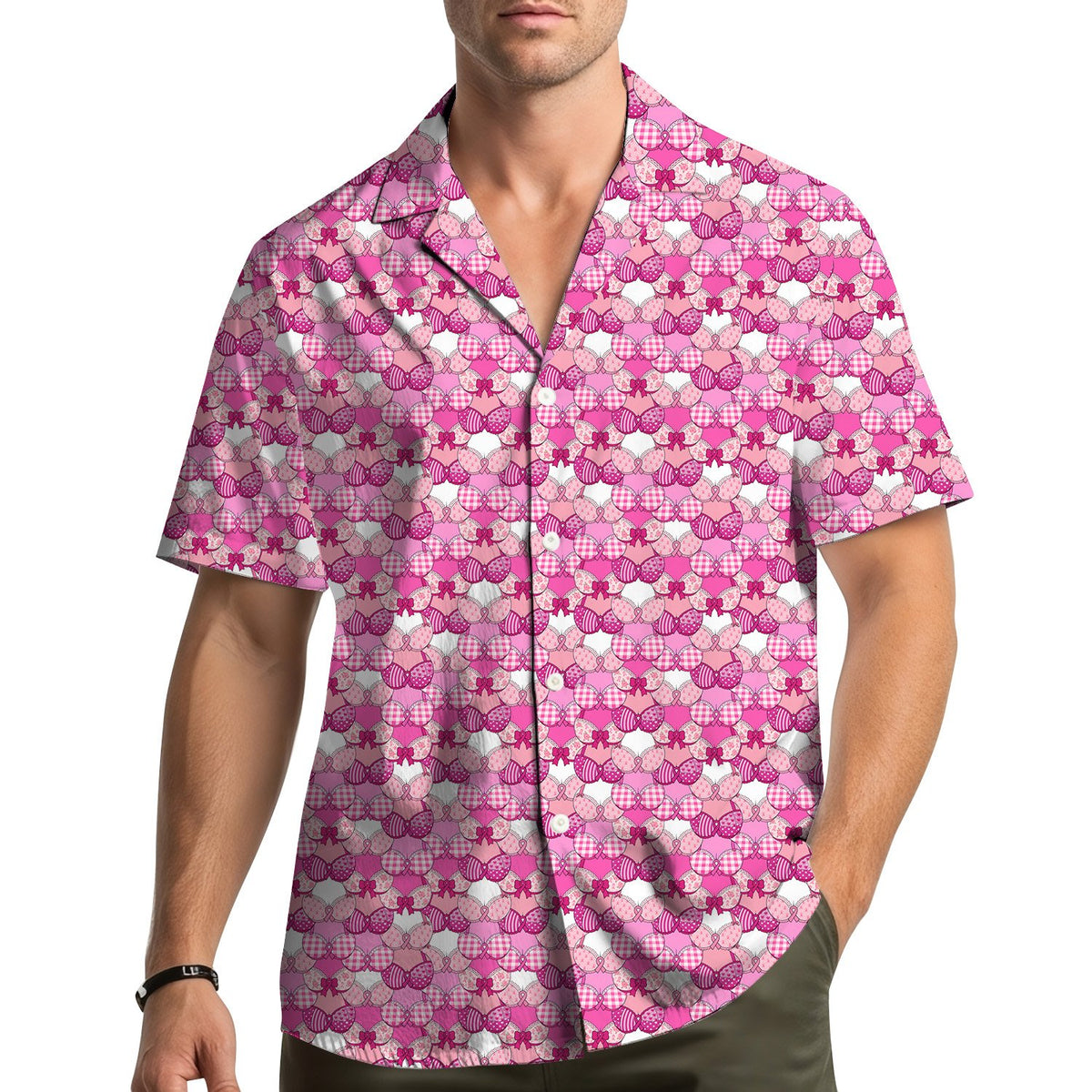 Breast cancer awareness hawaiian shirt with pink bras and ribbons, main view