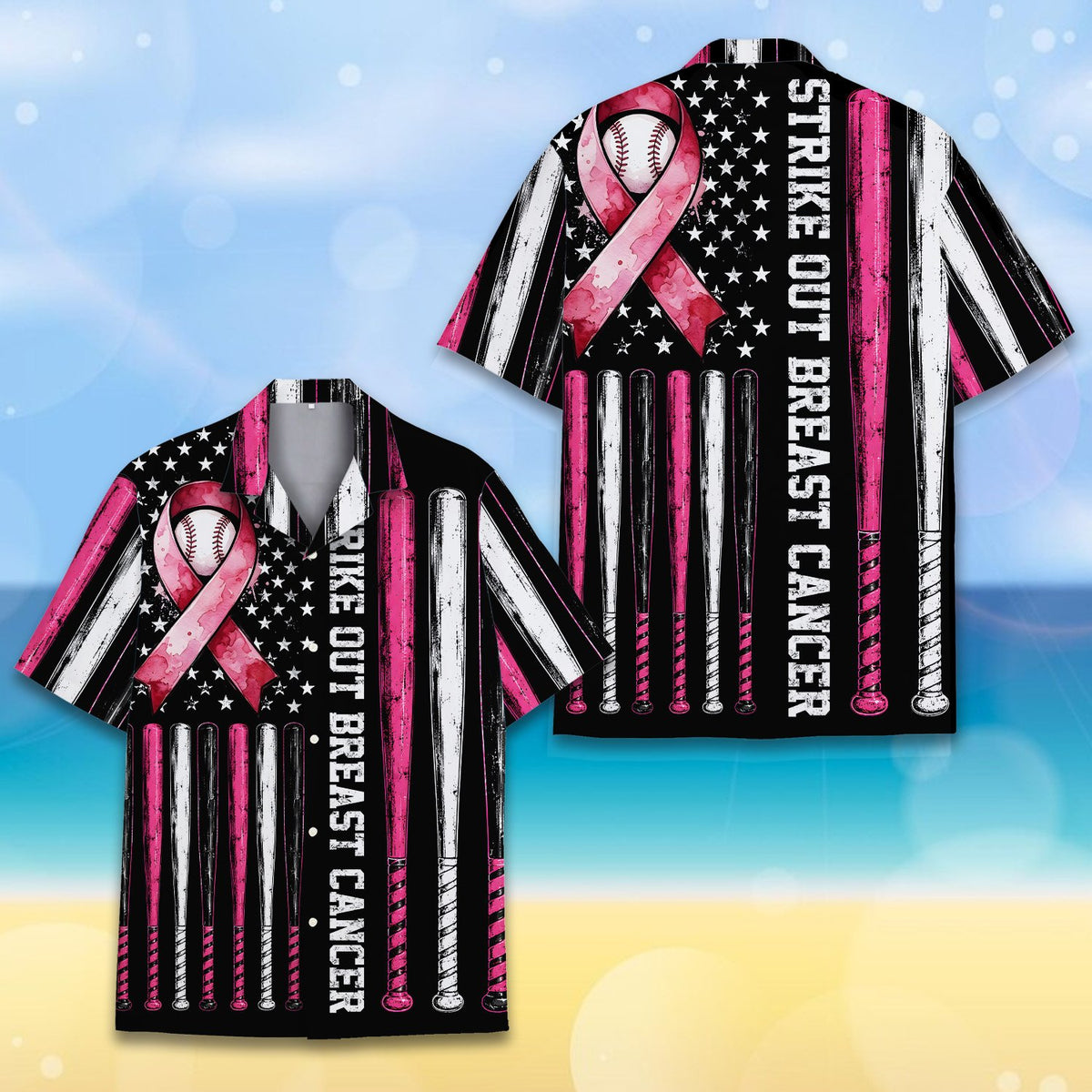 Front view of the black breast hawaiian shirt with pink ribbon and baseball bat flag