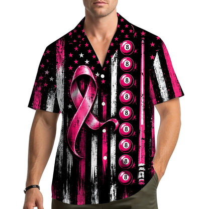 Main view of the breast cancer awareness hawaiian shirt featuring a pink ribbon and distressed flag design