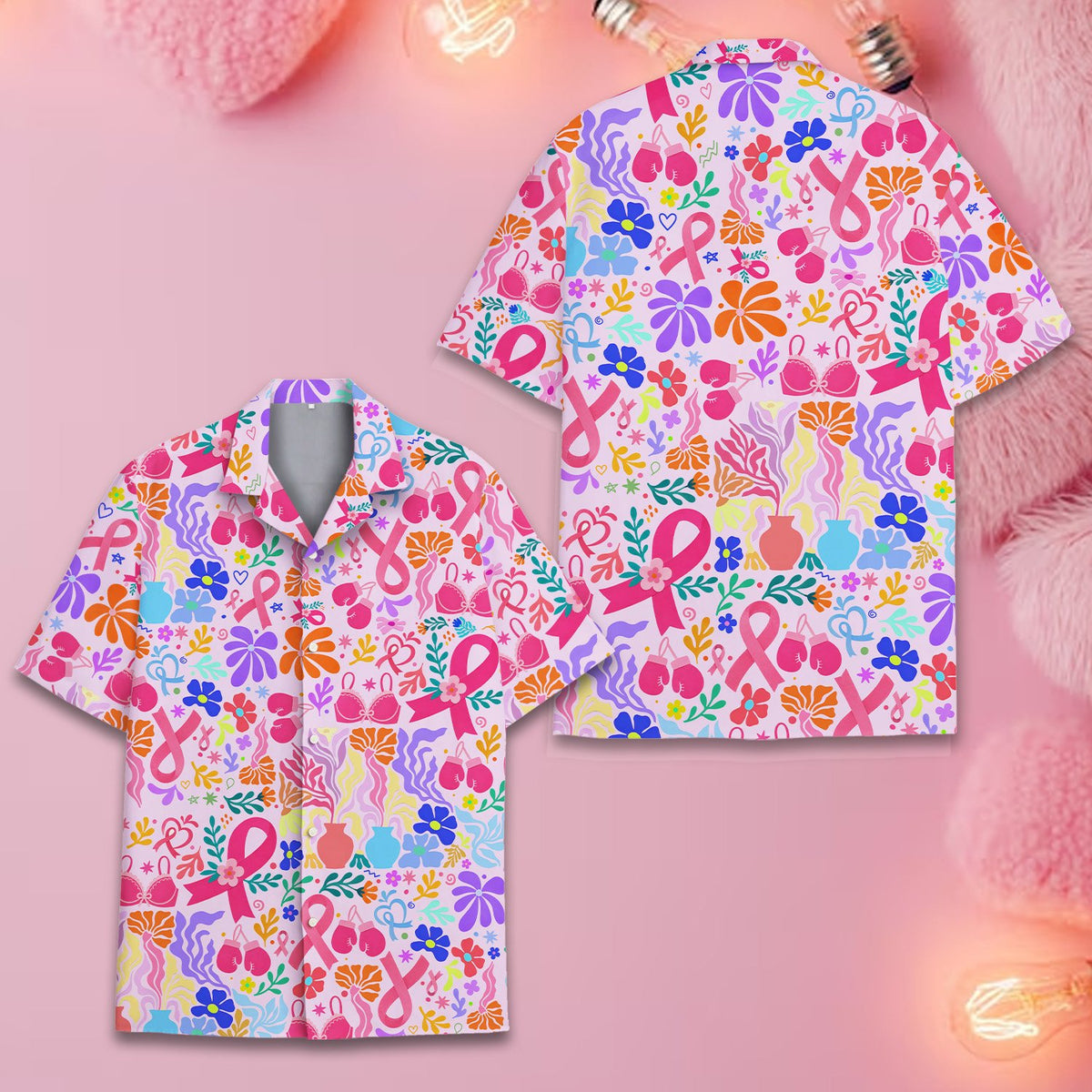Main view of breast cancer awareness hawaiian shirt with abstract pink pattern