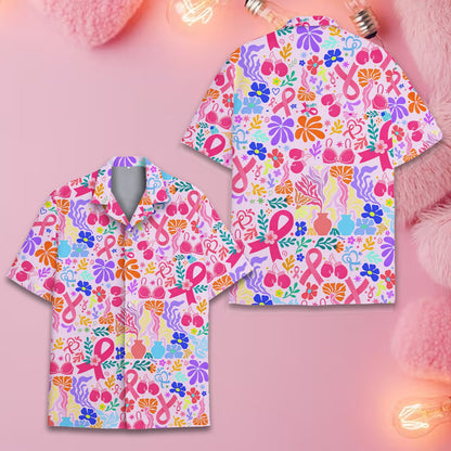 Main view of breast cancer awareness hawaiian shirt with abstract pink pattern