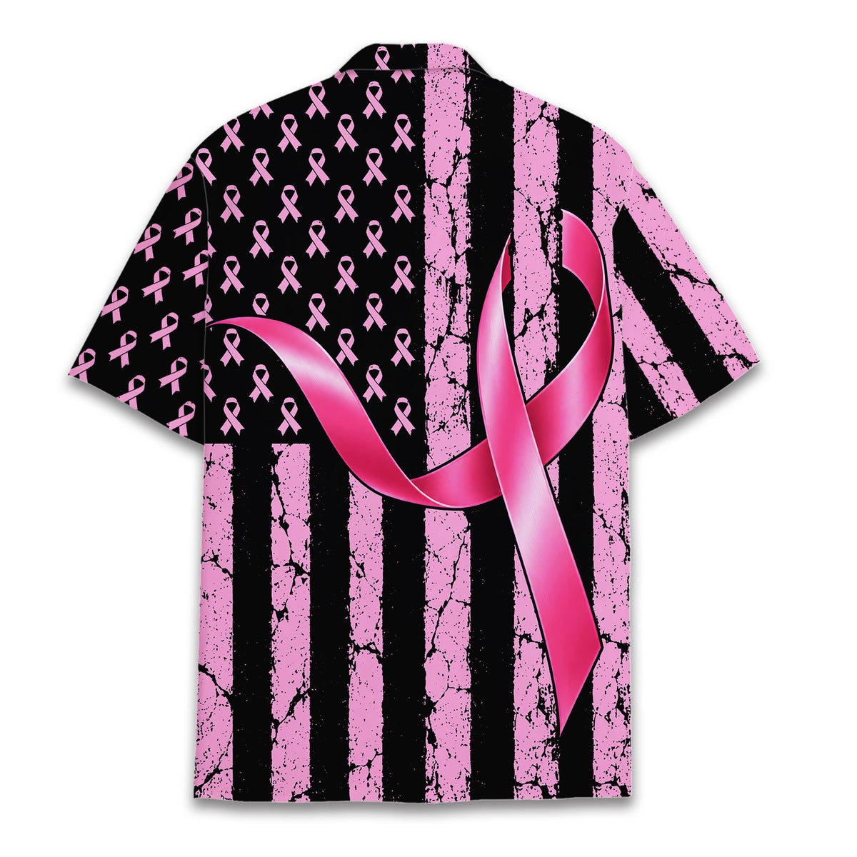 Front view of the matching family hawaiian shirt featuring pink awareness ribbons