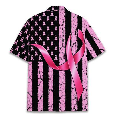 Main front view of the pink ribbon distressed flag cancer hawaiian shirt