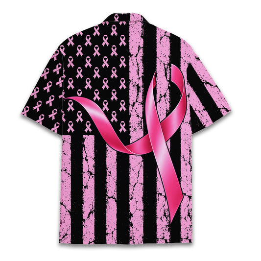 Main front view of the pink ribbon distressed flag cancer hawaiian shirt