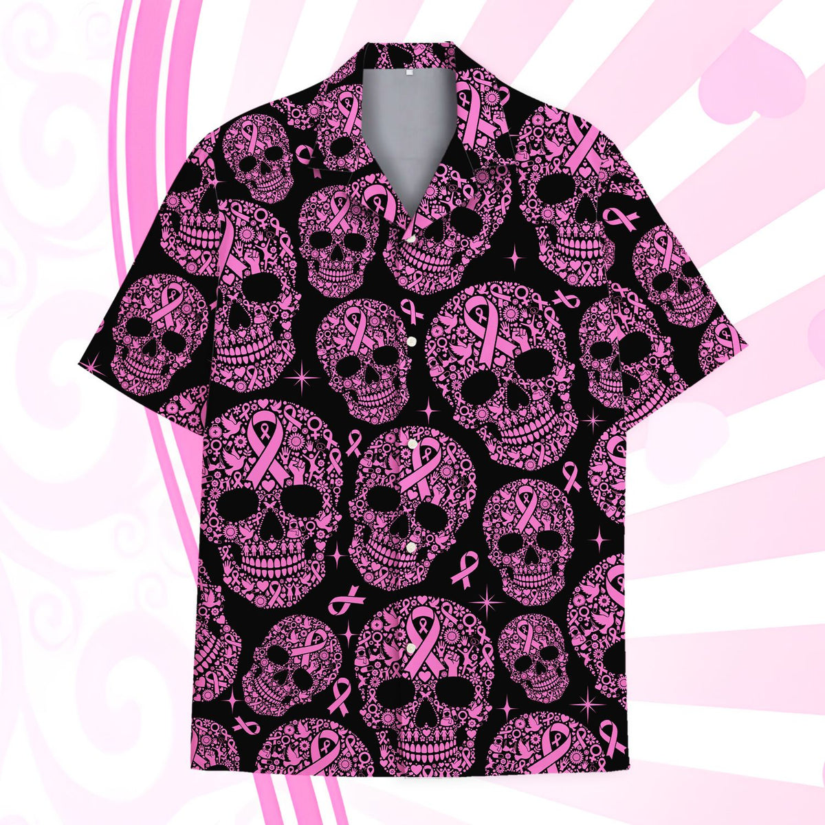 Breast hawaiian shirt featuring pink skulls and ribbons on a black background, main view