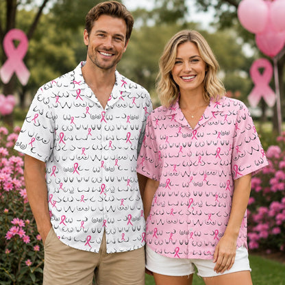 Lifestyle view of the family matching hawaiian shirts featuring pink ribbons