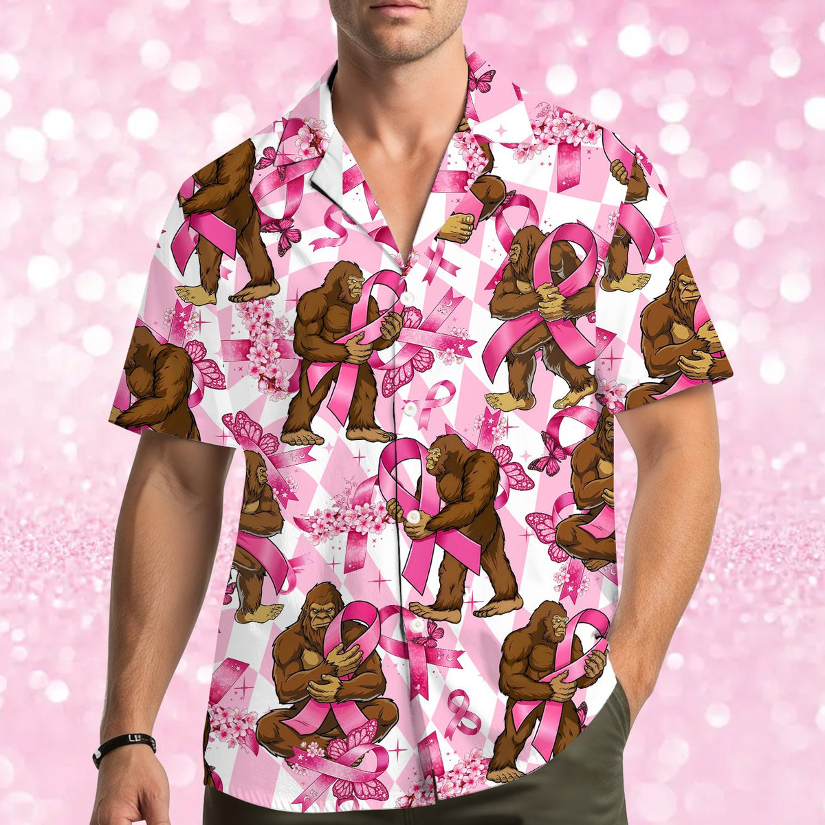 Second lifestyle image of the Bigfoot pink ribbon Hawaiian shirt