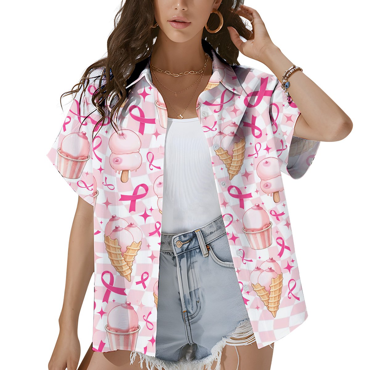 Matching family hawaiian shirts in breast cancer awareness print, lifestyle view two