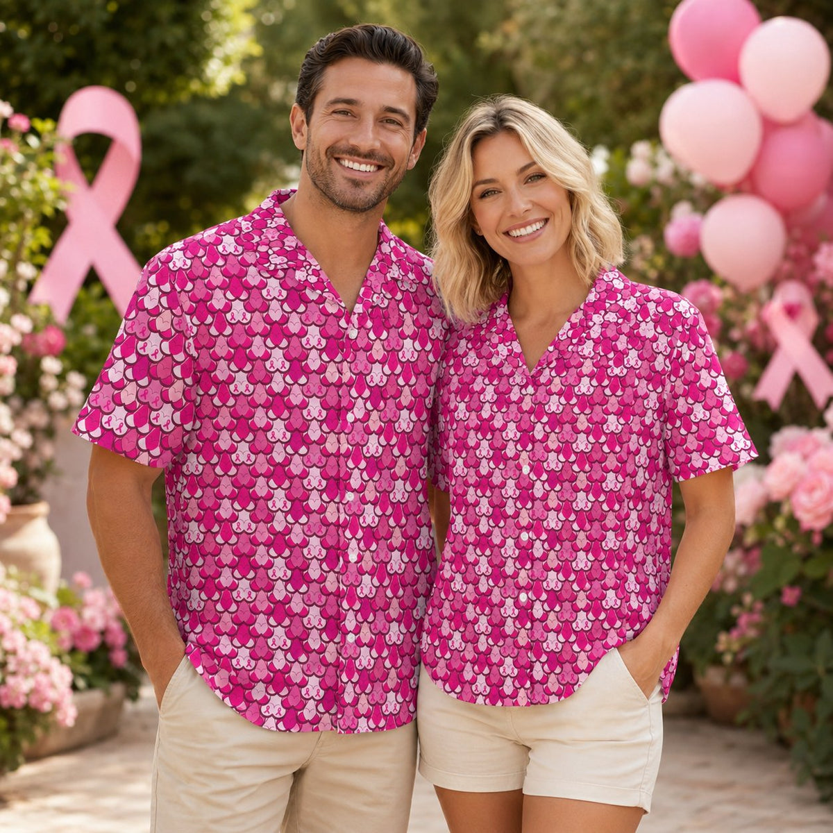 Lifestyle view of people wearing the matching family hawaiian shirts with pink ribbon pattern