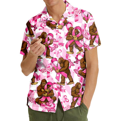 Third lifestyle image of the Bigfoot pink ribbon Hawaiian shirt