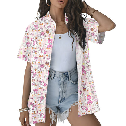 Third lifestyle view showing the back of the breast cancer awareness hawaiian shirt in a casual setting