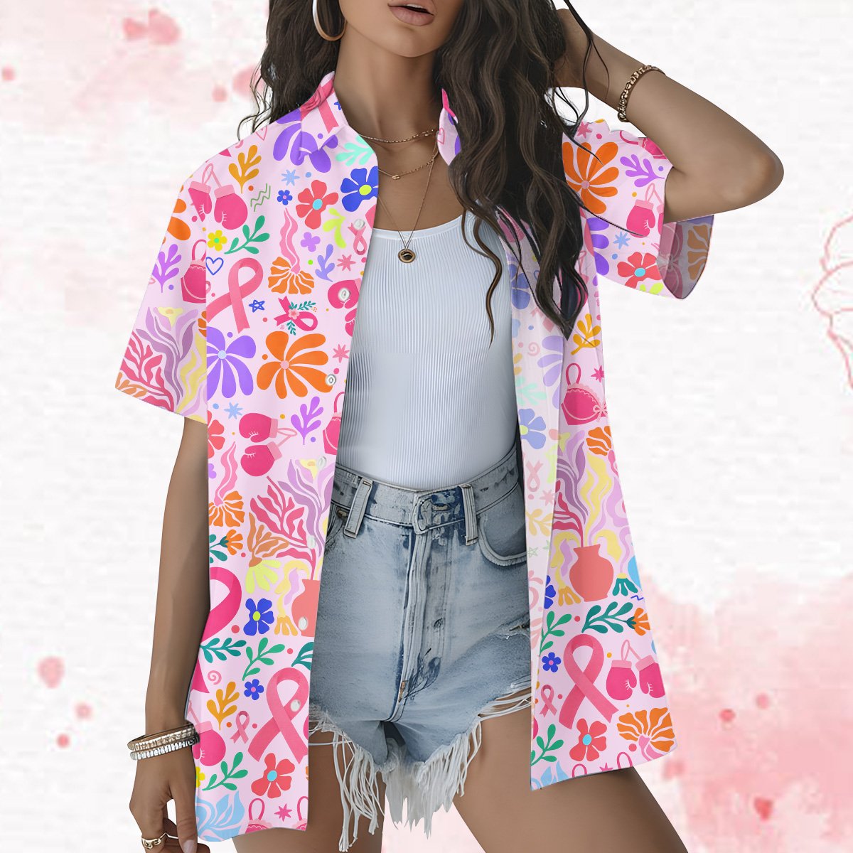 Third lifestyle view featuring abstract hawaiian shirt design