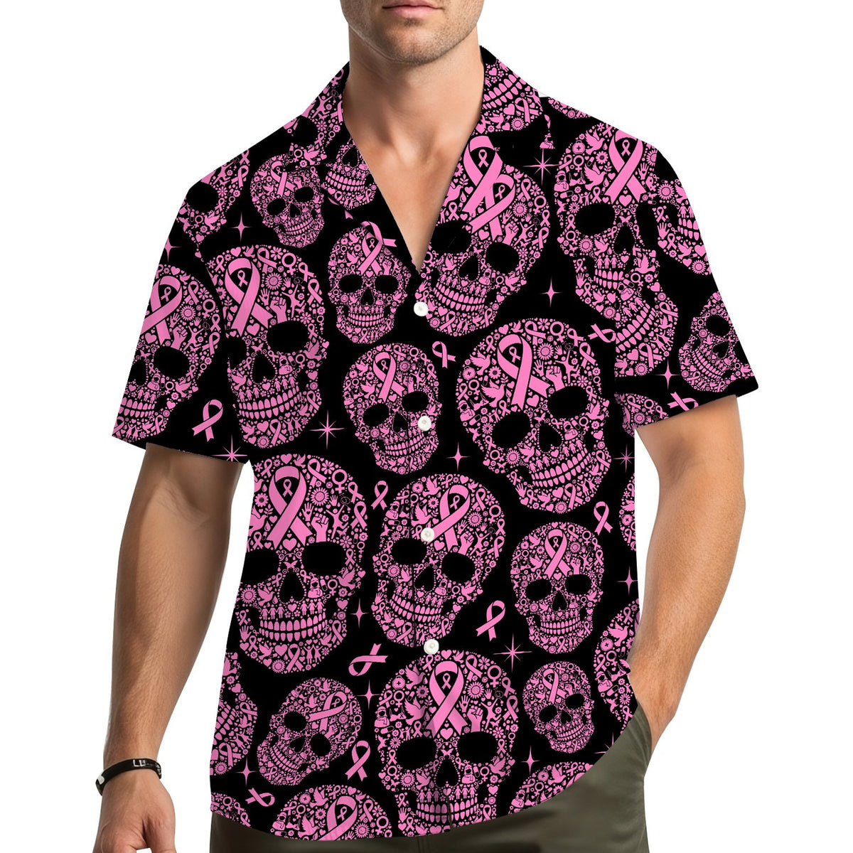 Outdoor lifestyle shot of the pink ribbon skull hawaiian shirt