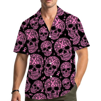 Outdoor lifestyle shot of the pink ribbon skull hawaiian shirt