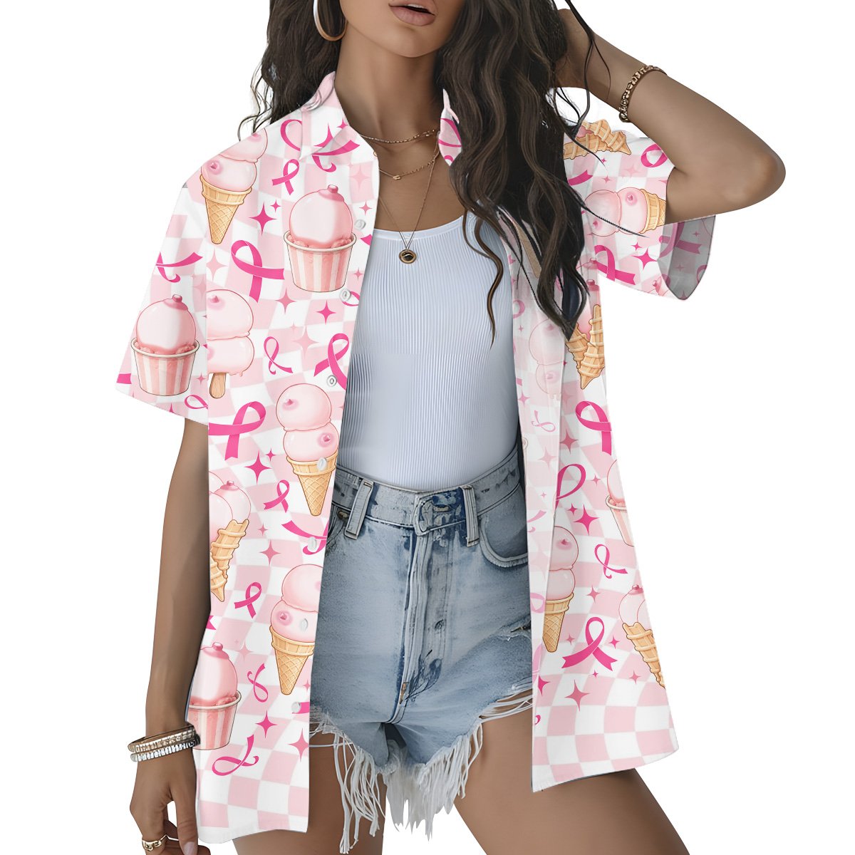 Matching family hawaiian shirts in breast cancer awareness print, lifestyle view three