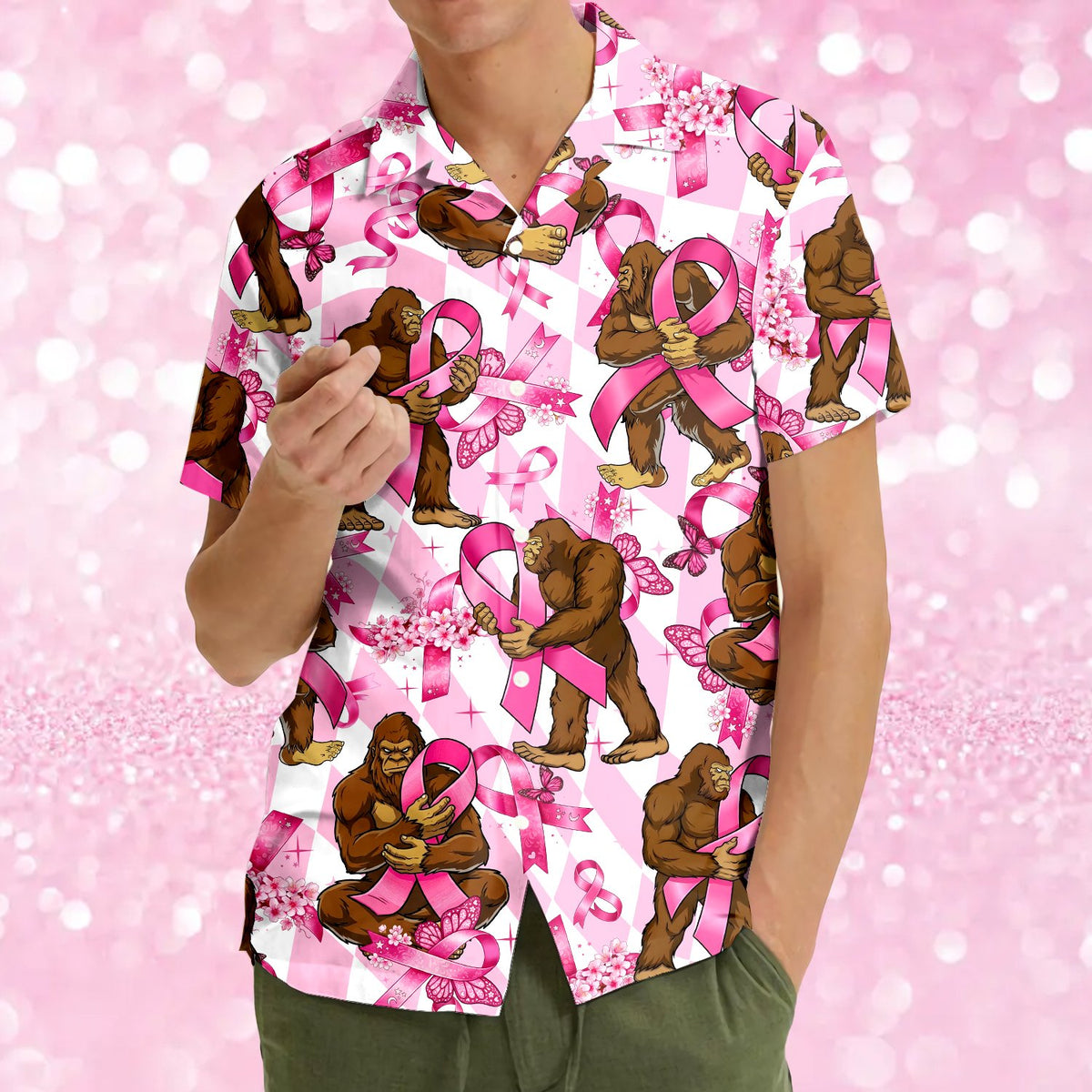 Fourth lifestyle image of the Bigfoot pink ribbon Hawaiian shirt