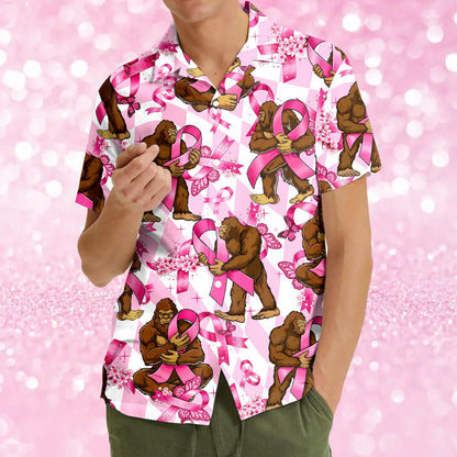 Fourth lifestyle image of the Bigfoot pink ribbon Hawaiian shirt