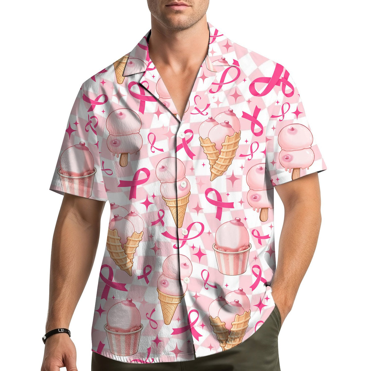 Matching family hawaiian shirts in breast cancer awareness print, lifestyle view four