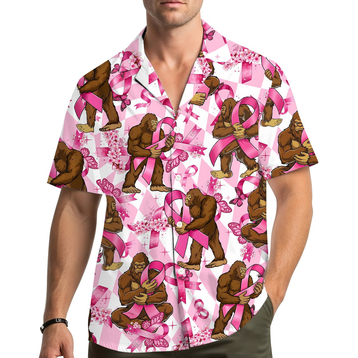 Lifestyle image of the Bigfoot pink ribbon Hawaiian shirt