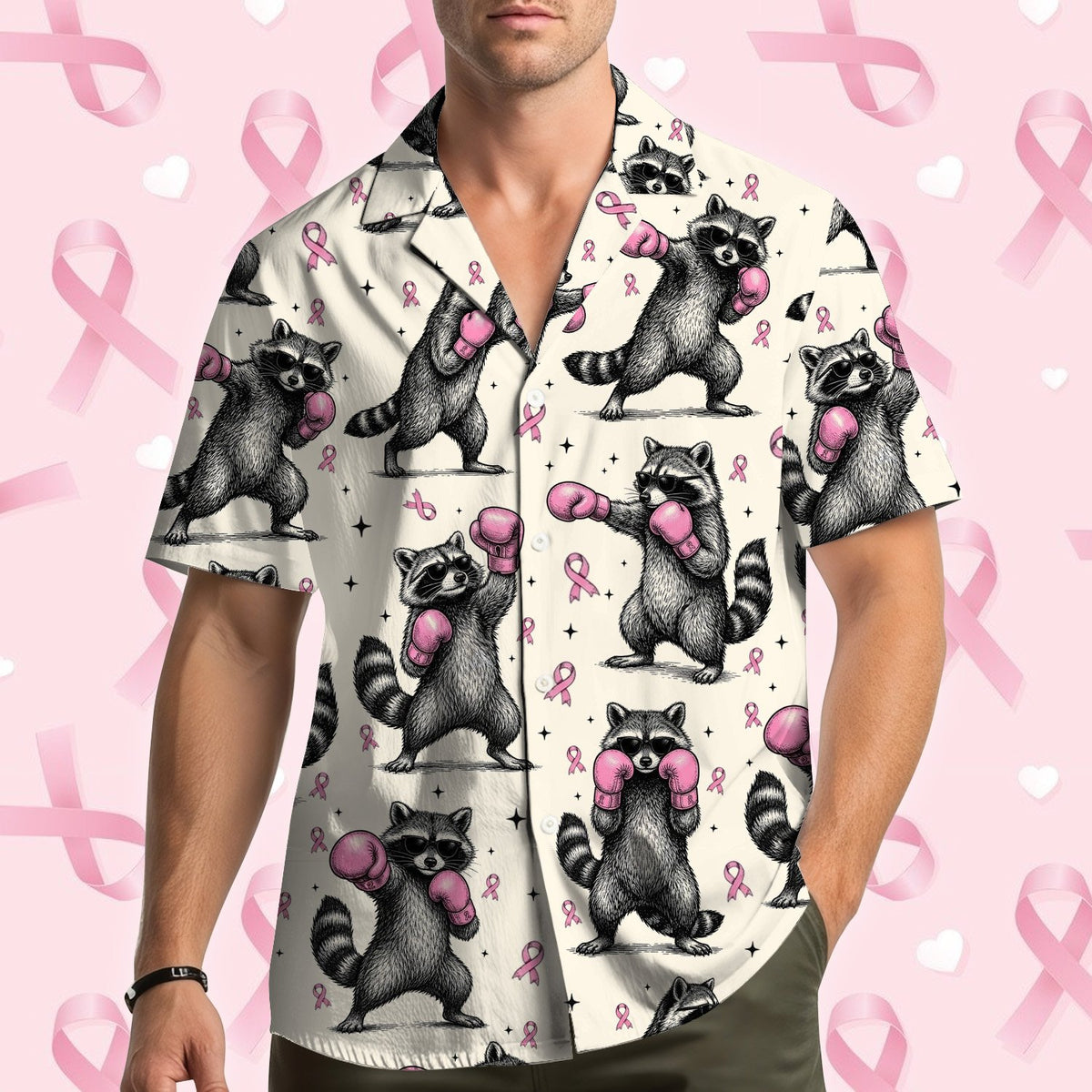 Lifestyle view of a person wearing the pink ribbon raccoon hawaiian shirt