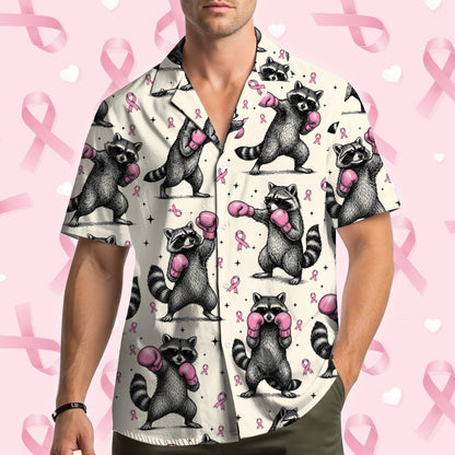 Lifestyle view of a person wearing the pink ribbon raccoon hawaiian shirt
