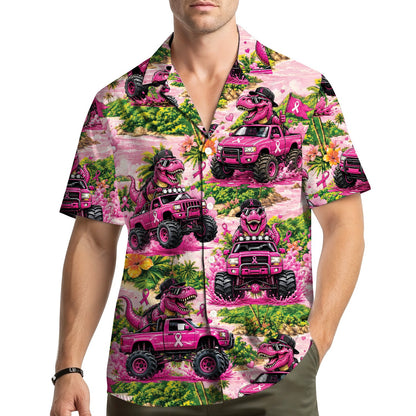 Lifestyle view of a family wearing matching hawaiian shirts with pink T-Rex design
