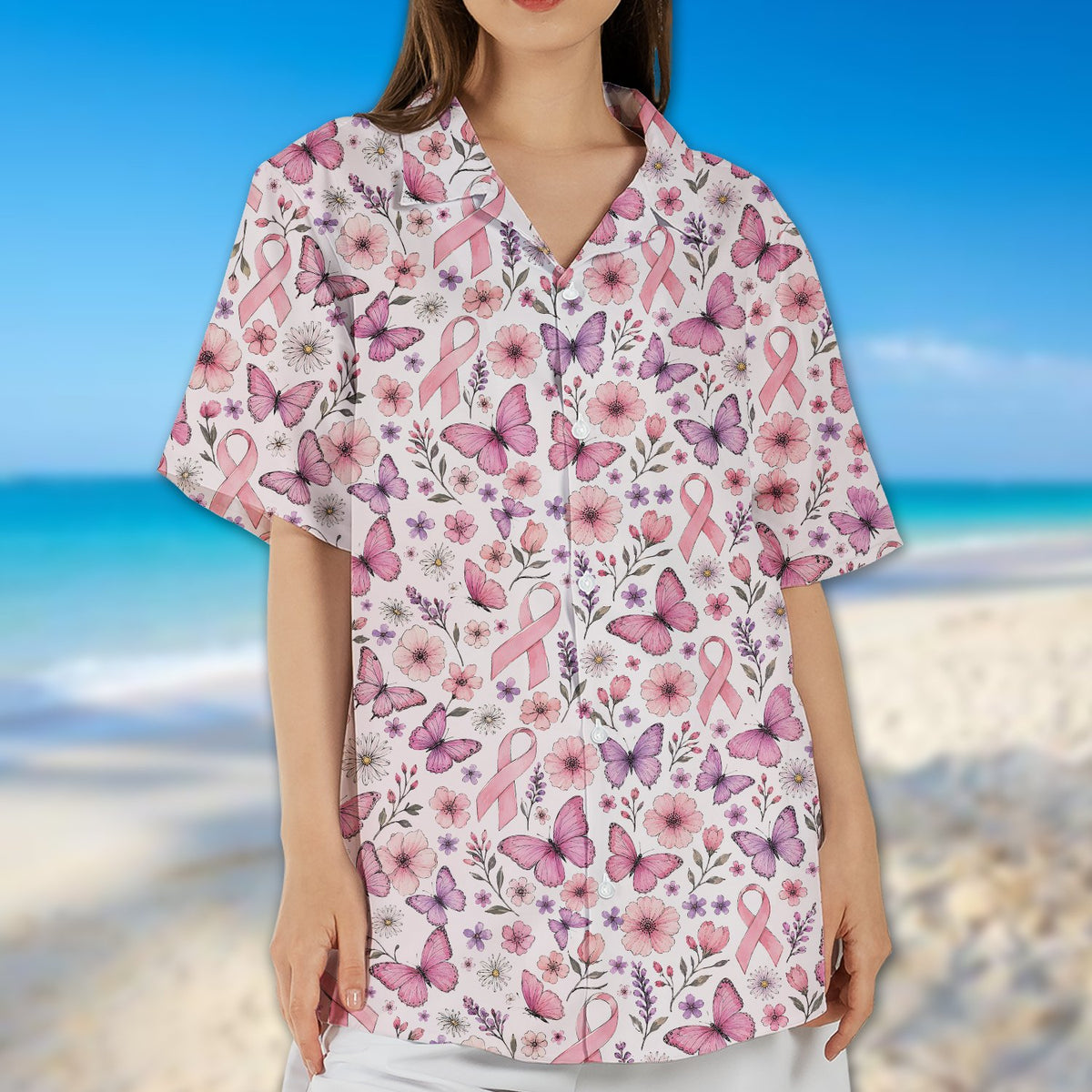 Lifestyle view of adults wearing matching family hawaiian shirts for breast cancer awareness