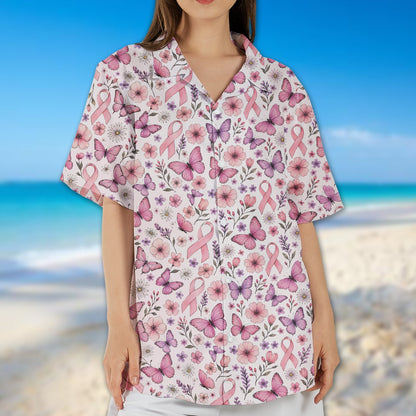 Lifestyle view of adults wearing matching family hawaiian shirts for breast cancer awareness