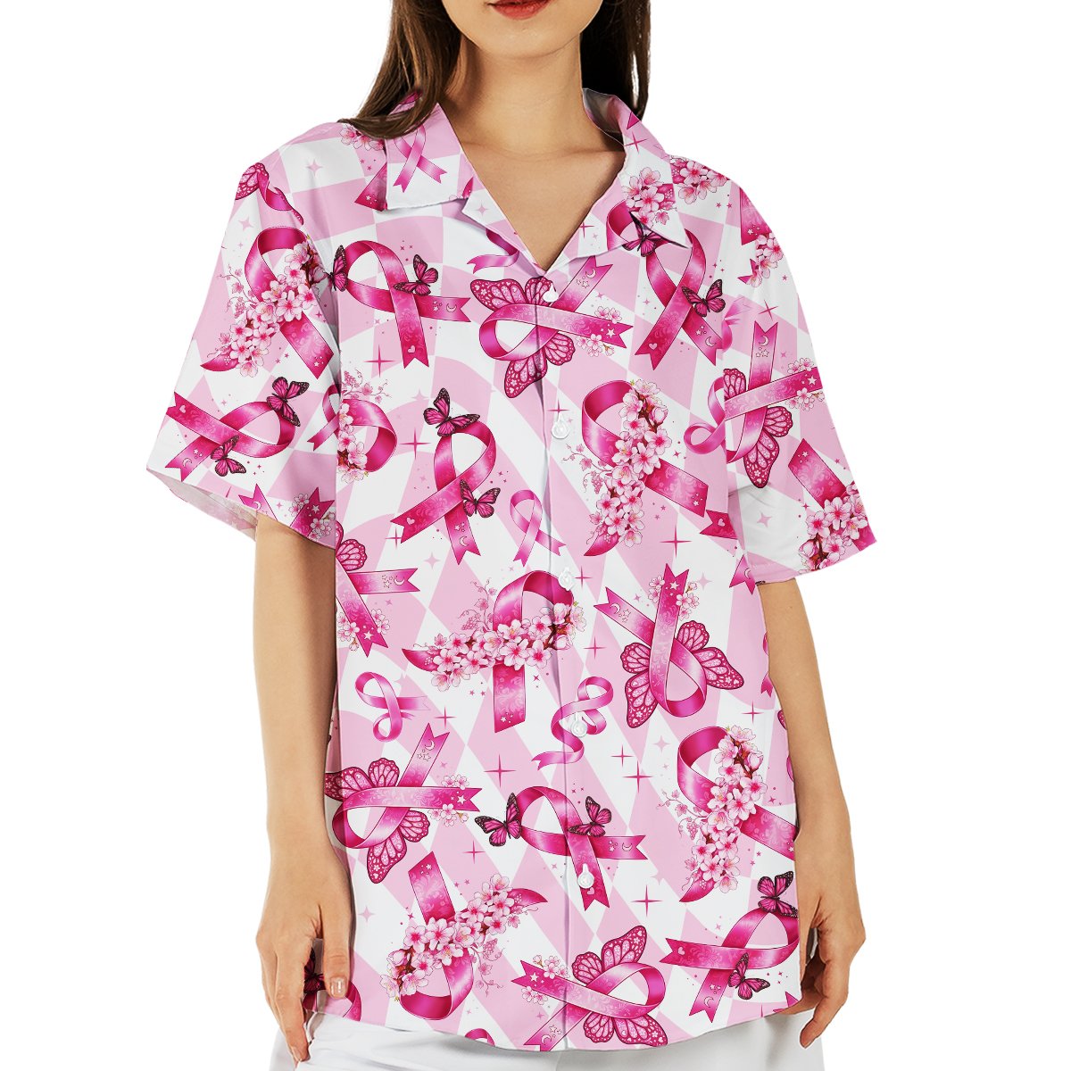 Lifestyle view of a person wearing the breast cancer awareness hawaiian shirt outdoors