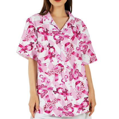 Lifestyle view of a person wearing the breast cancer awareness hawaiian shirt outdoors