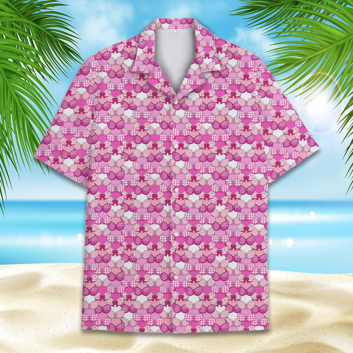 Lifestyle view of the breast cancer awareness hawaiian shirt
