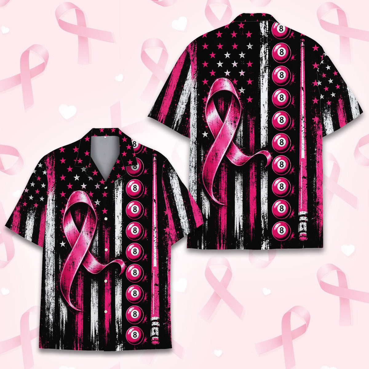 Lifestyle view of a person wearing the breast cancer awareness hawaiian shirt