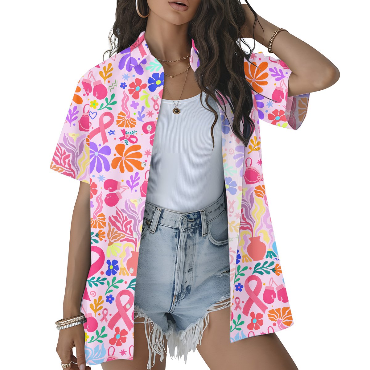 Lifestyle view showing the breast cancer awareness hawaiian shirt being worn outdoors