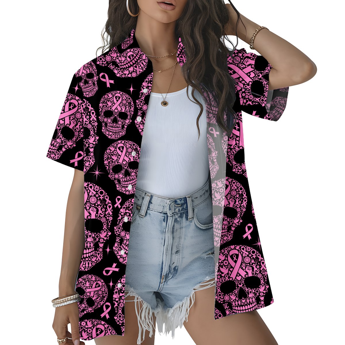 Lifestyle image of a person wearing the breast hawaiian shirt