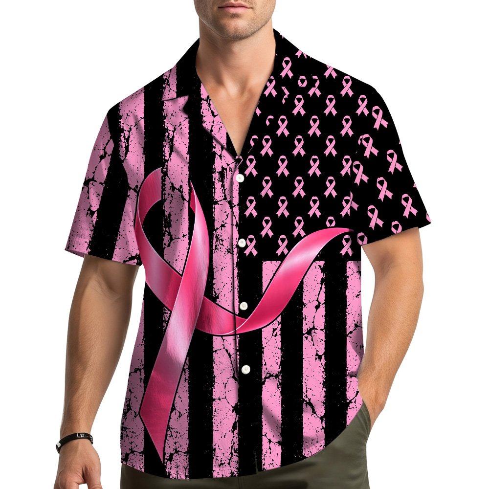 Folded view of the pink and black distressed flag hawaiian shirt