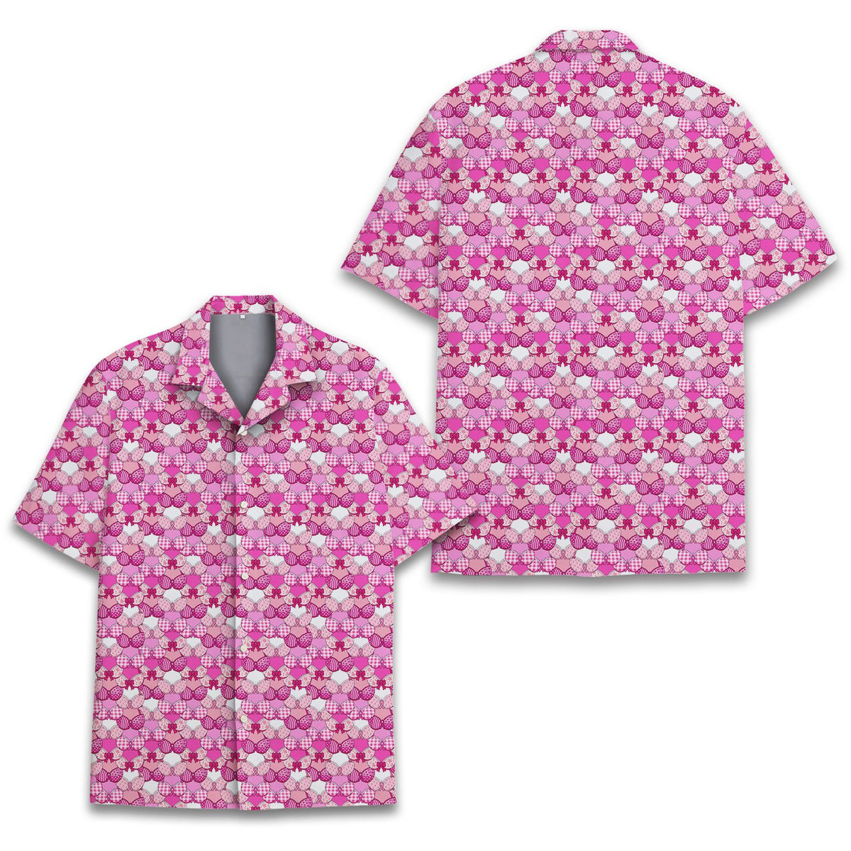 Detail view of the pink bra and ribbon pattern on the hawaiian shirt