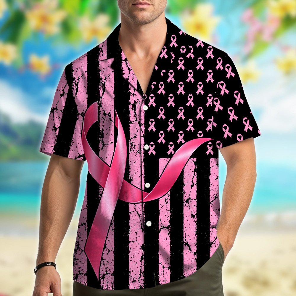 Side view of the pink ribbon awareness matching family hawaiian shirt