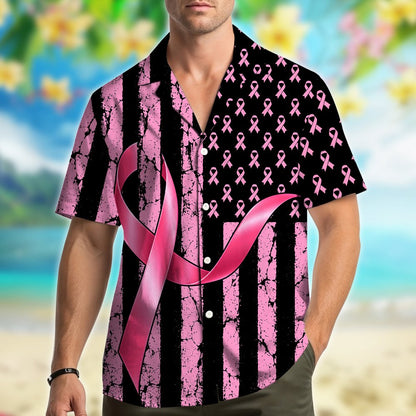 Side view of the pink ribbon awareness matching family hawaiian shirt