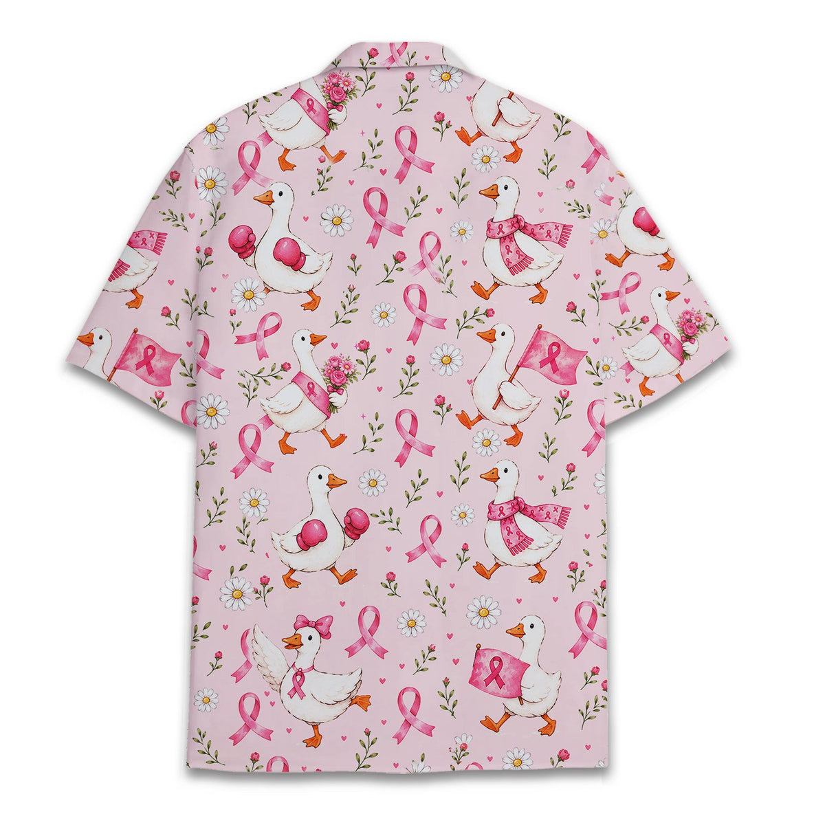 Back view of the matching family hawaiian shirts featuring the duck pattern