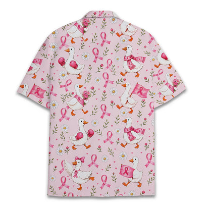 Back view of the matching family hawaiian shirts featuring the duck pattern