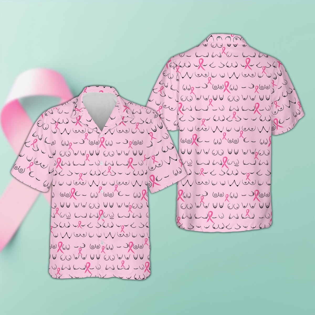 Pink breast hawaiian shirt with ribbon pattern, front view