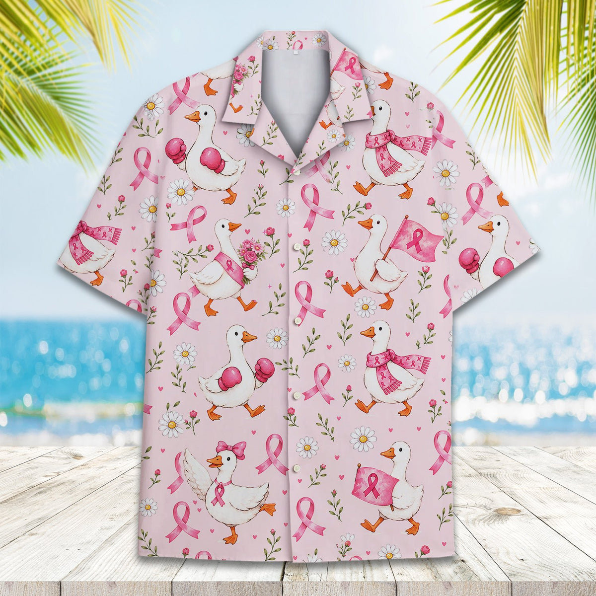 Close-up front view of the duck and pink ribbon design on the family hawaiian shirt