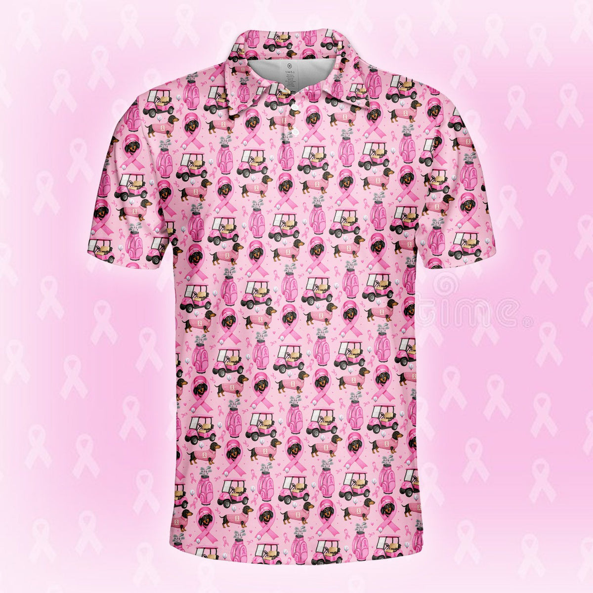 Close-up front view of the pink polyester hawaiian shirt with ribbons and dogs