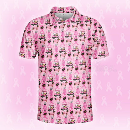 Close-up front view of the pink polyester hawaiian shirt with ribbons and dogs