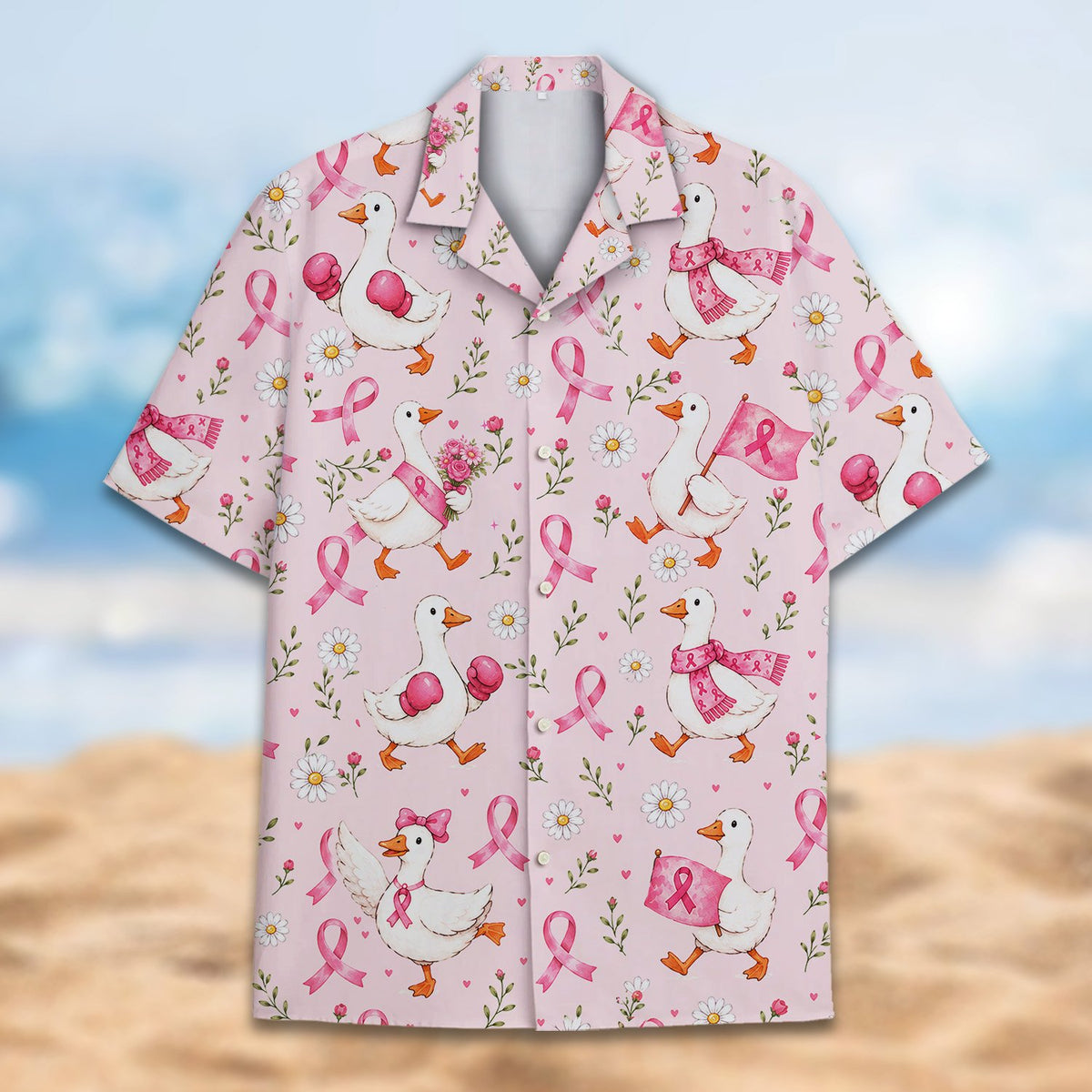 Detailed front view of the light pink matching family hawaiian shirt