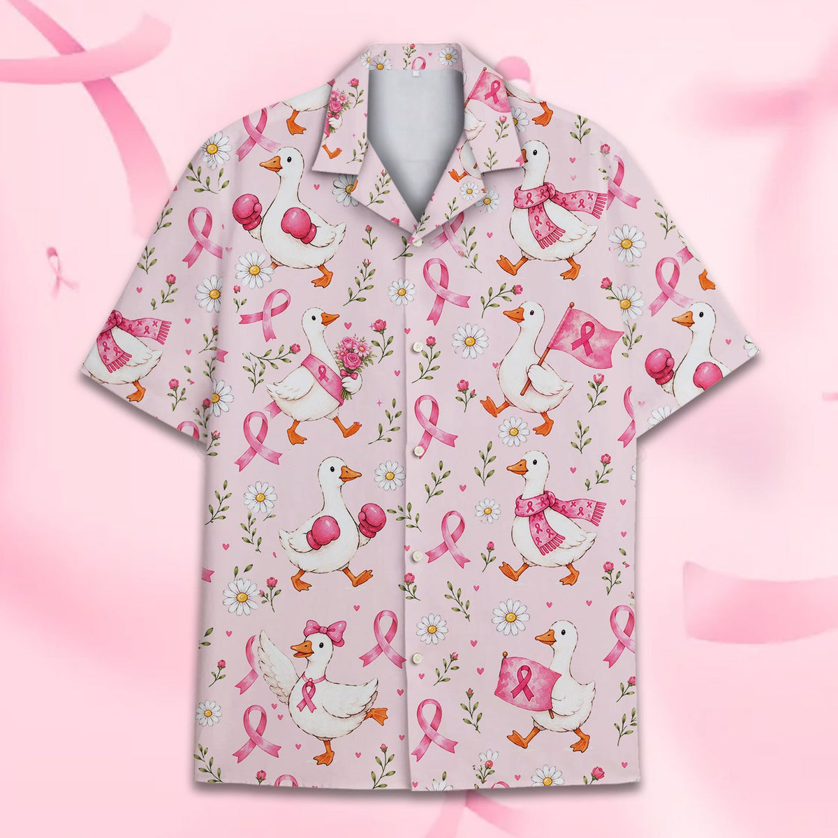 Another detailed front view of the breast cancer awareness hawaiian shirt