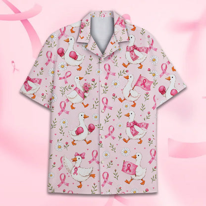 Another detailed front view of the breast cancer awareness hawaiian shirt
