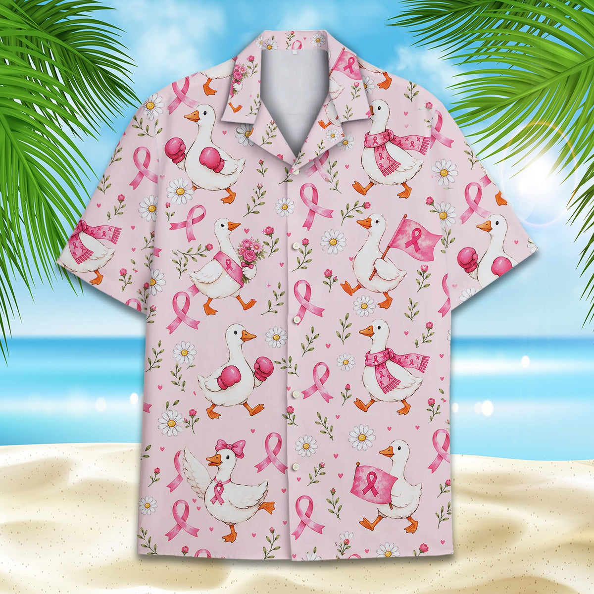 Breast cancer awareness hawaiian shirt featuring white ducks and pink ribbons on a light pink background, main view