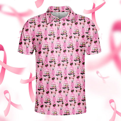 Breast cancer awareness hawaiian shirt featuring pink ribbons and golf carts, alternate main view